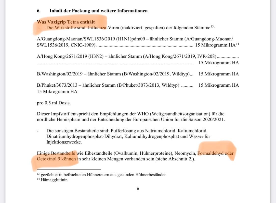 Inhaltsangabe: "Einige Bestandteile wie
Eibestandteile (Ovalbumin, Hühnerproteine), Neomycin,
Formaldehyd oder Octoxinol 9 können in sehr kleinen
Mengen vorhanden sein." Inhaltsangabe:
"Einige Bestandteile wie Eibestandteile
(Ovalbumin, Hühnerproteine), Neomycin, Formaldehyd
oder Octoxinol 9 können in sehr kleinen Mengen
vorhanden sein."