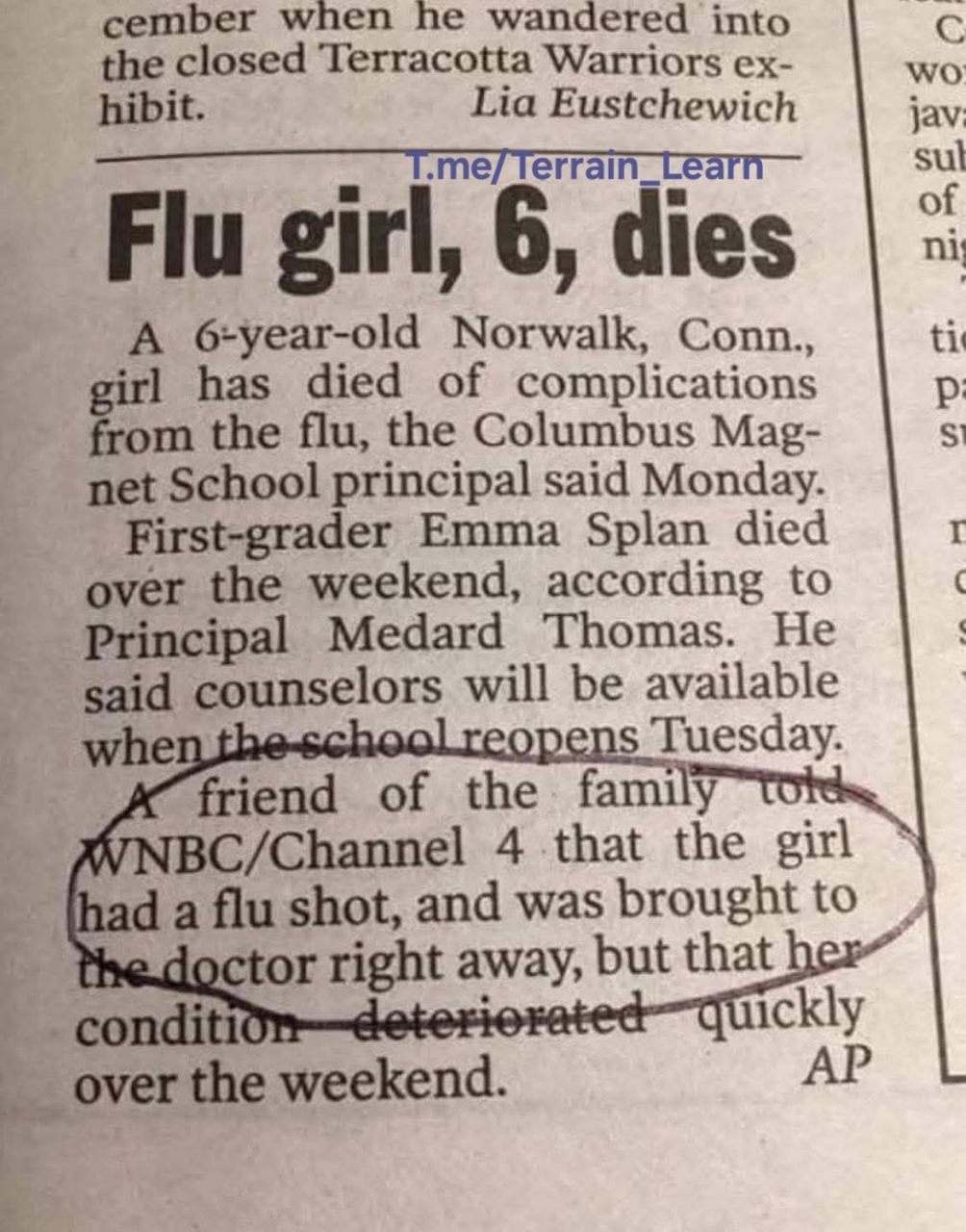 Norwalk (Connecticut, "USA") am
18.11.2025: Mädchen (6) wird gegen Grippe geimpft - und
stirbt Norwalk (Connecticut, "USA") am
18.11.2025: Mädchen (6) wird gegen Grippe geimpft - und
stirbt