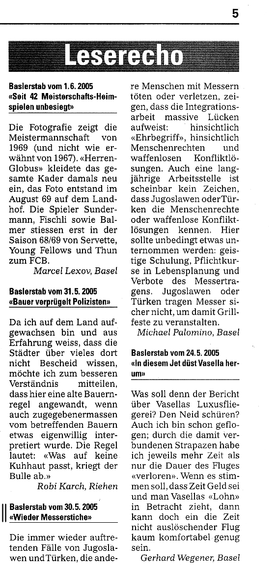 6.6.2005,
                  Leserbrief von Michael Palomino gegen die Messer von
                  Jugos und T�rken, fehlende soziale und
                  menschenrechtliche Schulung