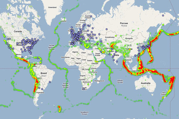 Atomkraftwerk-nicht-mglich-Weltkarte mit den
                      Erdbebengebieten der Erde. Man sieht, dass Japan
                      strkste Erdbeben hat, und eine sehr hohe Dichte
                      an Atomkraftwerken...