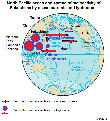 Map with the Pacific
                          ocean with Fukushima and contamination by
                          radioactivity