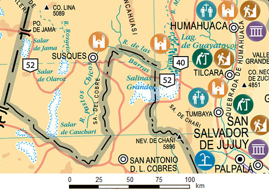 map of
                            Jujuy Province with the flamingo lagoon
                            Guayatayoc and salt lake "Salinas
                            Grandes"