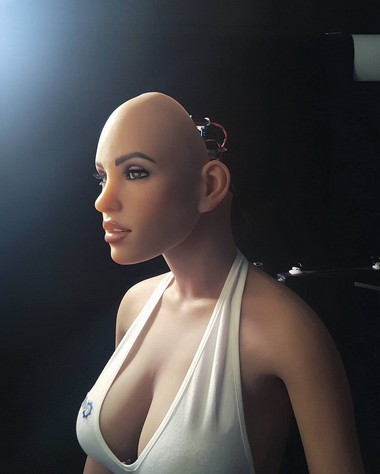 Intelligenter Sexroboter in Frauenform
                          der Firma RealDoll mit offenem Schdel