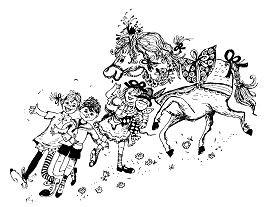 Pippi, Thomas, Annika, Nilsson und das Pferd
                      werden zu Tisch gefhrt