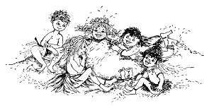 Pippi Langstrumpf bis zum Hals im Sand am
                      Strand mit Thomas, Annika und Eingeborenenkindern,
                      Momo