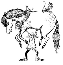 Pippi Langstrumpf temmt ihr Pferd mit Affe
                      Nilsson in die Luft
