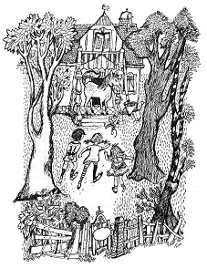 Pippi mit Thomas und Annika gehen in die
                      Villa Kunterbunt