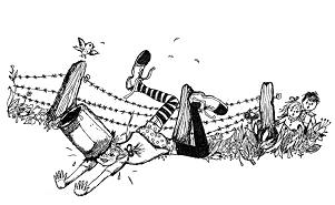 Pippi Langstrumpf am Stacheldraht mit Kessel
                      auf dem Kopf