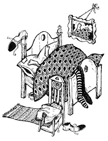 Pippi Langstrumpf schlafend im Bett mit dem
                      Kopf am Fussende und den F�ssen auf dem
                      Kopfkissen