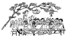 Die Schulklasse nimmt Himbeersaft bei Ullas
                      Mutter