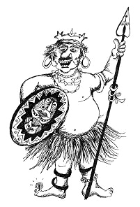 Vater und seine Majest�t Efraim Langstrumpf
                      im Bastrock und mit Lanze