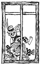 Pippi Langstrumpf zeigt sich am Fenster mit
                      Grimasse