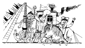 Pippi Langstrumpf mit Thomas, Annika, dem
                      Pferd und dem Affen Herrn Nilsson auf
                      Schiffsreise