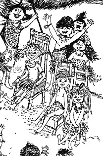 Taka-Tuka-Land-Konzert bei Sonnenuntergang:
                      Pippi Langstrumpf, Thomas, Annika und
                      Eingeborenenkinder