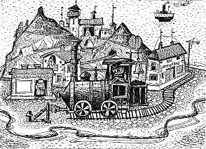 Jim Knopf: Die Insel Lummerland mit
                          Lokomotive Emma, dem Lokomotivf�hrer Lukas,
                          und der Ladenbesitzerin Frau Waas