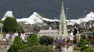 Swiss Miniature 03, cathedral of
                                Berne with mountains of canton of Berne
                                in the background (Eiger, Monk and
                                Virgin)