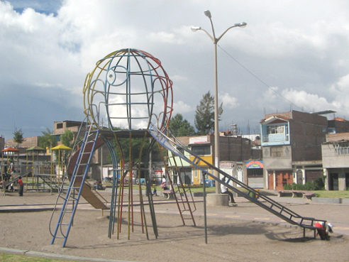 Double slide in form of a colorful
                              globe structure 03, Ayacucho, Extension of
                              Liberty Avenue (Avenida Prolongaci�n de la
                              Libertad), back view, Peru