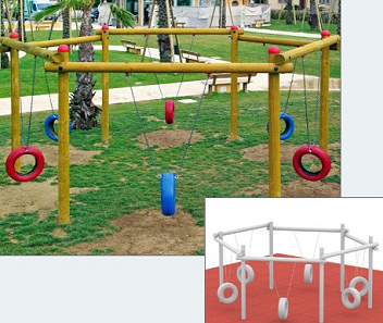 Columpio de neum�tico vertical 04:
                                hex�gono con columpios de neum�tico,
                                juegos HPS, Oberweis, Austria