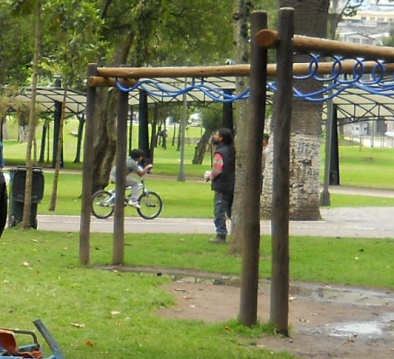 Trepar 17: aparato de trepa
                                    para avanzar colgando, con agua en
                                    el piso, parque Ejido en Quito,
                                    Ecuador