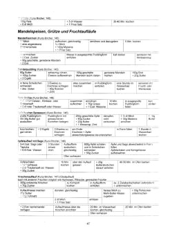 Vegetarisch
Kunz-Bircher: Milchreis, Desserts:
Mandelspeisen, Grütze, Fruchtaufläufe Vegetarisch Kunz-Bircher: Milchreis,
Desserts: Mandelspeisen, Grütze,
Fruchtaufläufe
