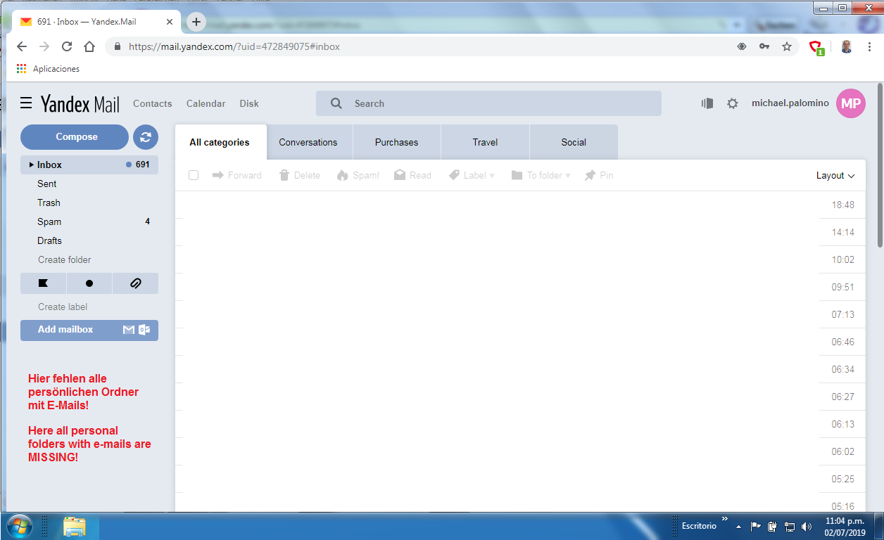 E-Mail-Eingang von Yandex-Mail am 2.Juli 2019,
die persönlichen Ordner werden nicht mehr angezeigt -
Browser google Chrome E-Mail-Eingang von
Yandex-Mail am 2.Juli 2019, die persönlichen Ordner
werden nicht mehr angezeigt - Browser google Chrome