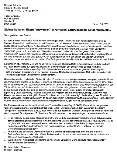 Anfrage von Palomino an Hugo Stamm 02
wegen des Buchs von Baumann-Bay und den
kriminellen Steiner-Eltern, 2.3.2002 Anfrage von Palomino an Hugo Stamm 02
wegen des Buchs von Baumann-Bay und den
kriminellen Steiner-Eltern, 2.3.2002
