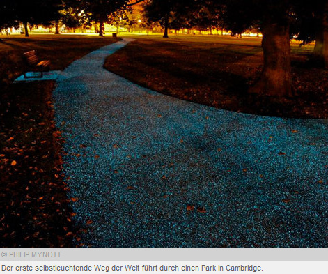 Leuchtender Weg mit Belag
            "Starpath", der UV-Strahlen speichert und in der
            Nacht leuchtend abgibt, Cambridge 2013