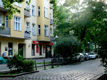 Berliner Kissen und Strasse in
                          Grosspflaster, Berlin-Moabit, Wyclefstrasse:
                          Das Grosspflaster veranlasst alle
                          Verkehrsteilnehmer zum langsamen Fahren, und
                          Rollst�hle und Kinderfahrger�te k�nnen
                          �berhaupt nicht mehr fahren...