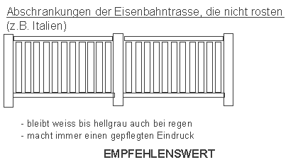 Abschrankungen der Eisenbahntrasse,
die nicht rosten, aus Gussbeton, Italien Abschrankungen der
Eisenbahntrasse, die nicht rosten, aus Gussbeton,
Italien