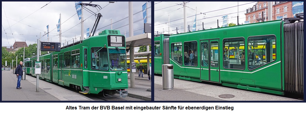 Tram der BVB in Basel mit Sänfte in der
Mitte Tram der BVB in Basel mit Sänfte in
der Mitte