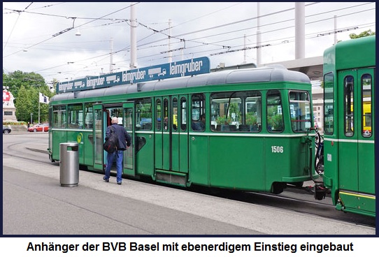 Tram in Basel: Ein BVB-Anhänger mit
ebenerdigem Einstieg eingebaut Tram in
Basel: Ein BVB-Anhänger mit ebenerdigem Einstieg
eingebaut