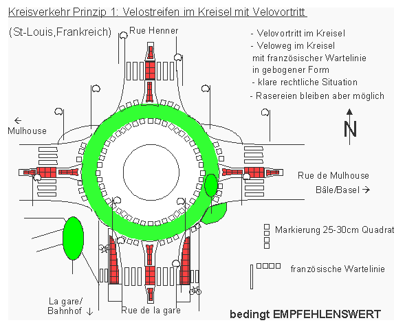 Kreisverkehr: Velostreifen
                    im Kreisel mit Velovortritt, St-Louis, Frankreich