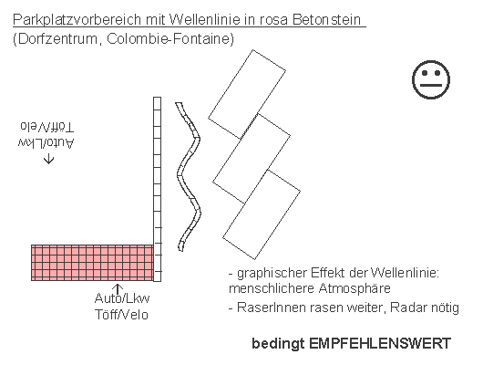 Colombie-Fontaine: Parkplatzvorbereich mit
                    Wellenlinie in rosa Betonstein