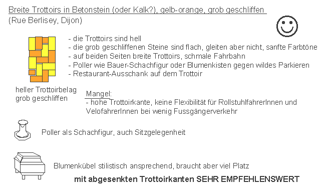 Dijon:
                    Trottoirs in hellem grobem Betonstein, Poller,
                    Blumenk�bel, Rue Berlisey