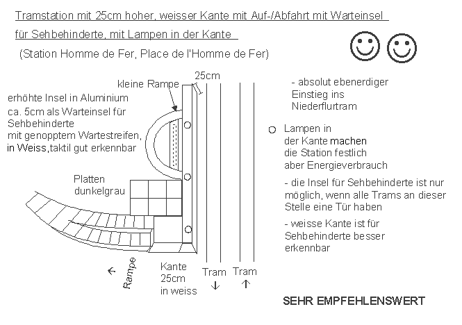 Strassburg / Strasbourg:
                    Tramstation mit Rampe, mit weissem Randstein mit
                    Lampen drin, mit genopptem Wartestreifen: Station
                    Homme de Fer, Place de l'Homme de Fer