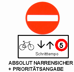 Verkehrsschild Einbahnstrasse, mit der
                          Erg�nzung: Velo / Fahrrad im Gegenverkehr
                          erlaubt im "Schrittempo" bei Tempo
                          5