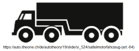 21. Ergänzungssignal:
Sattelmotorfahrzeug (40-Tonnen-Lastwagen)
(Art. 64) 21. Ergänzungssignal:
Sattelmotorfahrzeug (40-Tonnen-Lastwagen)
(Art. 64)
