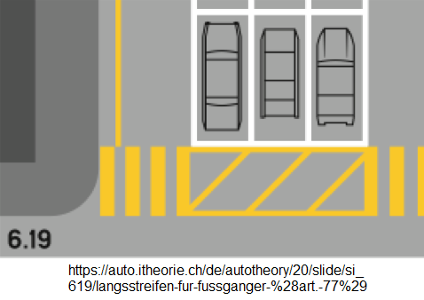 22. Längsstreifen für Fussgänger
(Art. 77) 22. Längsstreifen für
Fussgänger (Art. 77)