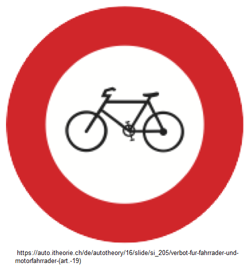 5. Verbotssignal: Veloverbot=Verbot
für Fahrräder / Velos UND Mofas /
Motorfahrräder (Art. 19) 5.
Verbotssignal: Veloverbot=Verbot für
Fahrräder / Velos UND Mofas /
Motorfahrräder (Art. 19)
