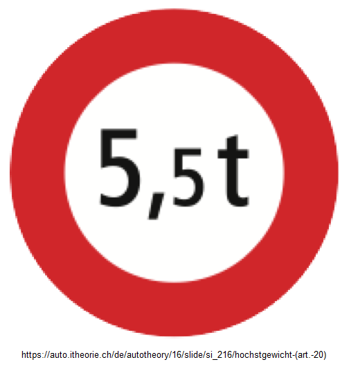 20. Verbotssignal: Maximales
Höchstgewicht 5,5 Tonnen / Verbot von
Fahrzeugen über 5,5 Tonnen (Art. 20) 20. Verbotssignal: Maximales
Höchstgewicht 5,5 Tonnen / Verbot von
Fahrzeugen über 5,5 Tonnen (Art. 20)