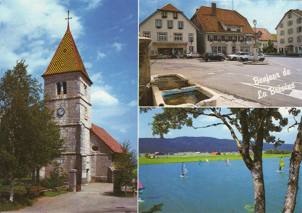 La Brvine, Postkarte mit Kirche und See