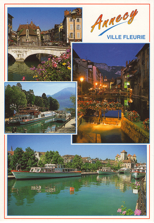 Ansichtskarte
                "Annecy ville fleurie" ("Annecy, die
                blumige Stadt") mit Blumen, Brcken, Kanlen und
                Booten