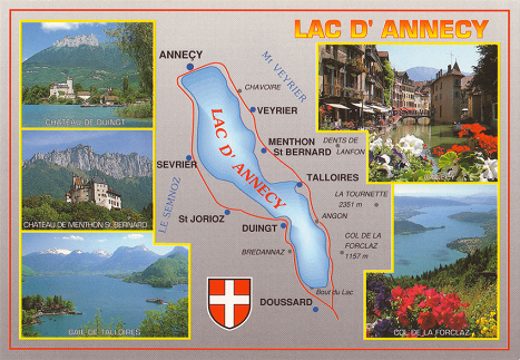 Lac d'Annecy, Ansichtskarte bersicht mit Annecy,
              Chavoire, Veyrier, Menthon St-Bernard, Talloires, Angon,
              Doussard, Duingt, St-Jorioz und Sevrier.
