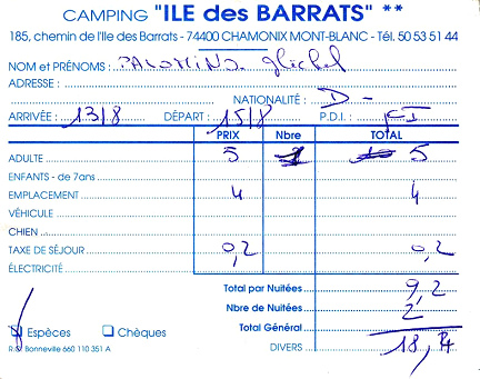 Chamonix Camping Quittung