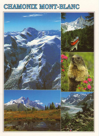 Ansichtskarte von Chamonix mit Bergen,
                  Murmeltieren und Bergbahn