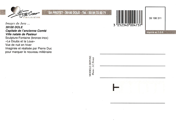 Dole, Ansichtskarte mit dem Brunnen im Winter,
                    R�ckseite