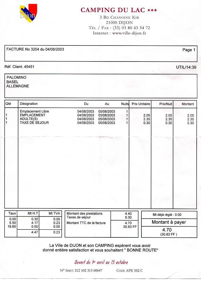 Dijon Camping Quittung