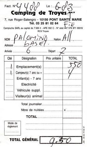 Troyes Camping Quittung re�u