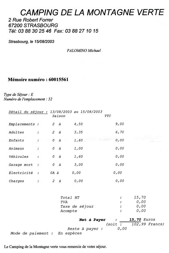 Strassburg Camping Quittung re�u