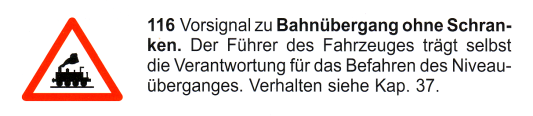 Verkehrszeichen: Gefahrsignal Achtung
                      Bahn�bergang ohne Schranke